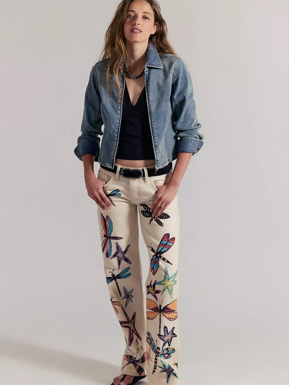 Free People Cream jeans colorful Dragonfly Print Size 24 Tennessee low rise